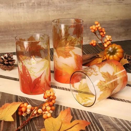 Miniatura 3 de Crystal Club Velas sin llama de otoño, hojas de arce de otoño, velas LED parpadeantes con control remoto y temporizador, velas de pilar con efecto