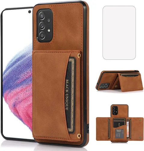 Funda tipo cartera diseñada para Samsung Galaxy A53 5G con protector de pantalla de vidrio templado, de piel sintética, soporte para tarjetas de