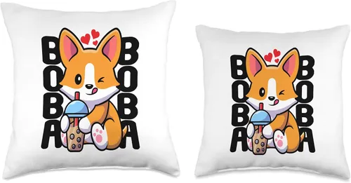 Miniatura 3 de Adorable Corgi Doggy Furry Mammals Pedigree Canine Kawaii Boba Dog Corgi Drink Lindo Anime Bubble Tea - Almohada de corazón, 16 x 16 pulgadas