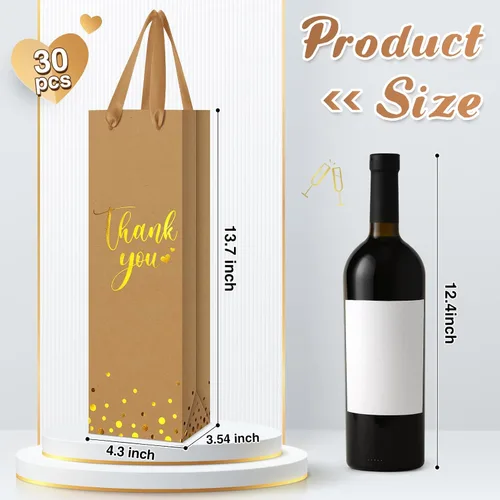 Miniatura 3 de Ctosree 30 bolsas de regalo para botellas de vino con asa de 4.3 x 3.5 x 13.7 pulgadas, bolsa de papel de licor para agradecimiento, papel de Marrón