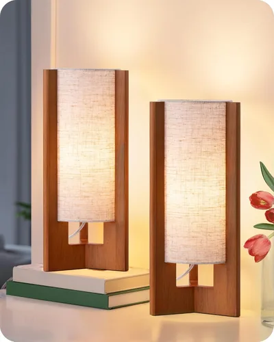 Miniatura 9 de EDISHINE Small Wood Table Lamp, 13.5" Modern Bedside Lamp, Beige Linen Shade, Natural Wood Cylinder Nightstand Lamp for Bedroom Living Room, On-Off