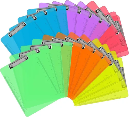 Portapapeles de Plástico, PANDRI Paquete de 24 Portapapeles de Colores Transparentes, Tablero con Clip de Perfil Bajo 12.5 x 9 Pulgadas Tamaño Carta