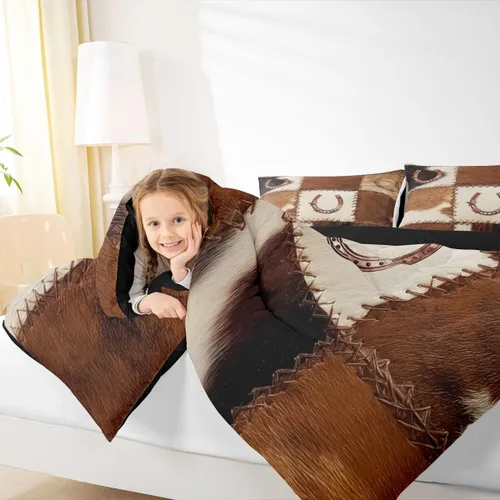 Miniatura 6 de Juego de ropa de cama de cuero de vaca occidental, juego de edredón dorado con diseño de herradura de estrellas de Texas, diseño de retazos de Multi