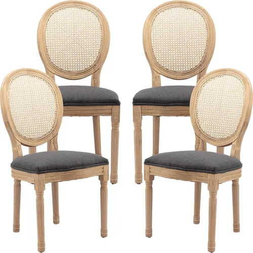 Miniatura 56 de Juego de 2 sillas de comedor de campo francés, sillas de comedor de madera de granja beige, silla de comedor con respaldo tejido con cojín tapizado