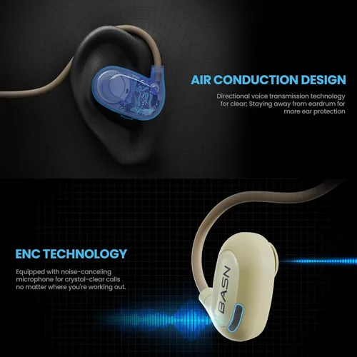 Miniatura 5 de BASN AirS1 - Auriculares de oreja abierta, Bluetooth 5.3 conducción de aire, auriculares deportivos ENC con sonido premium y llamadas claras, IPX5