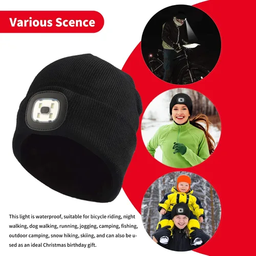 Miniatura 6 de RIDEIWAKE Gorro con linterna frontal recargable, gorro de invierno de punto iluminado para hombres, padres, pesca, camping, regalos para hombres
