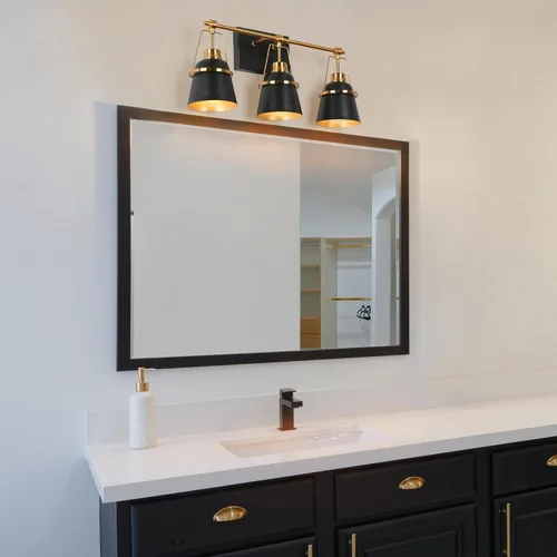 Miniatura 5 de Lámparas de baño de oro negro, modernas luces de tocador de granja sobre el espejo, 3 luces de cobre dorado con pantalla de metal y artesanía Negro