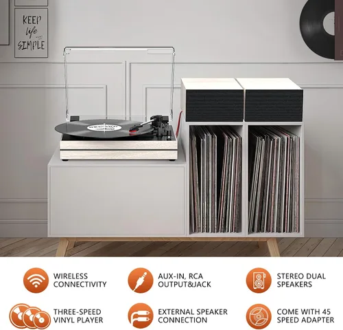 Miniatura 8 de Tocadiscos para vinilos con altavoces externos, transmisión por correa, tocadiscos retro para discos de vinilo, altavoces estéreo duales, Madera