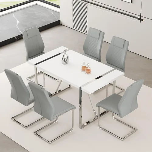 Miniatura 30 de Juego de mesa de comedor moderna de 55 pulgadas para 4, mesa de comedor negra y marco de metal dorado, mesa de comedor rectangular con 4 sillas
