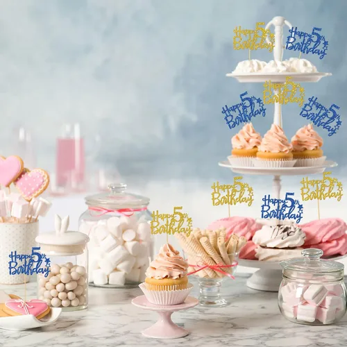 Miniatura 5 de Decoración para cupcakes de cumpleaños de 5 años, suministros para cupcakes de cumpleaños de 5 años, decoraciones para fiestas de cumpleaños de 5