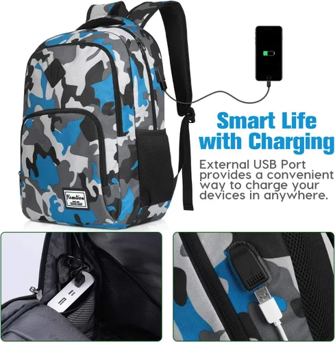 Miniatura 2 de Mochila escolar YAMTION para adolescentes, mochila con USB para preparatoria y universidad, camuflaje azul