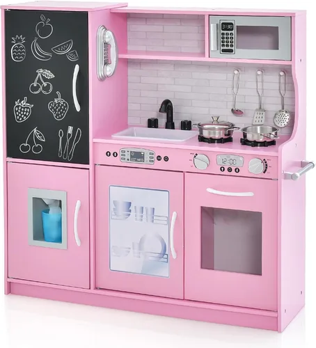 HONEY JOY Set de cocina de madera de juguete para niños, juego de simulación de pequeño chef con pizarra, teléfono, utensilios, horno, microondas,