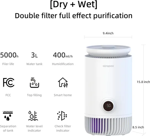 Miniatura 7 de Combo de purificador de aire y humidificador para dormitorio, purificador de aire HEPA 2 en 1 con humidificador evaporativo, sistema de aire