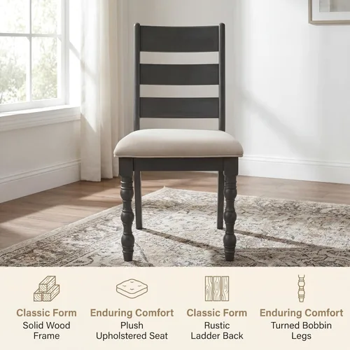Miniatura 5 de Kmax Juego de 2 sillas de comedor de granja, silla de cocina rústica tapizada con respaldo de escalera, silla de madera marrón oscuro con patas