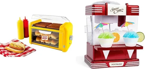 Nostalgia Oscar Mayer 8 - Tostadora de rodillo y bollo para perros calientes + paquetes de máquina de hielo afeitado Nostalgia