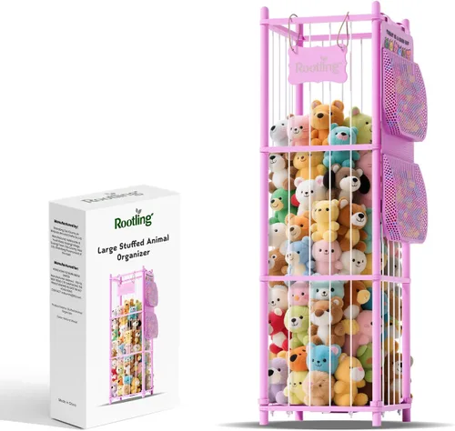 Miniatura 9 de Almacenamiento y organizador de animales de peluche, soporte de madera de 54 pulgadas de alto para juguetes de zoológico con bolsa de almacenamiento