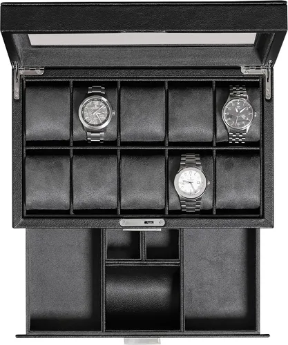 Miniatura 16 de ROTHWELL Caja de reloj de cuero de 10 ranuras con cajón de valet, organizador de exhibición de lujo con forro de microgamuza ultrasuave, soporte