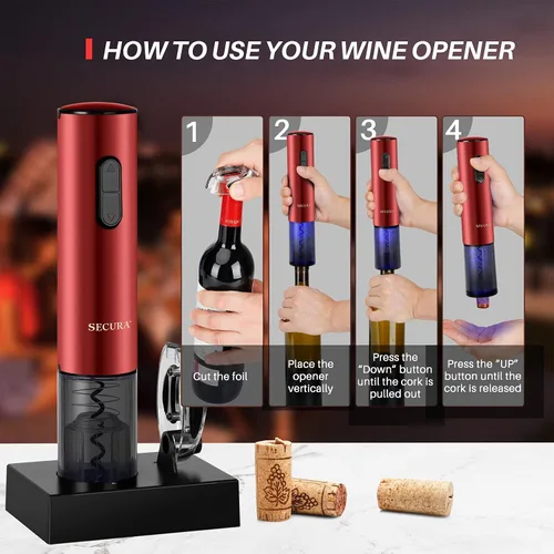 Miniatura 3 de Secura Abridor de vino eléctrico, sacacorchos eléctrico automático de botellas de vino con cortador de papel de aluminio, recargable (rojo)