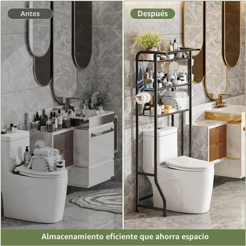Miniatura 5 de Simple Trending Sobre el gabinete de almacenamiento del inodoro, organizador de estante de baño de metal con soporte para papel y ganchos, 3 Negro