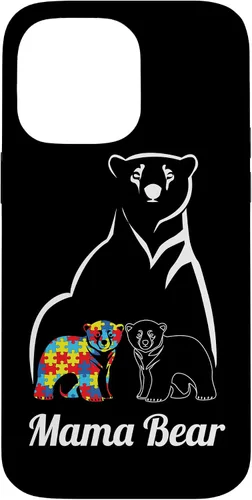 Funda para iPhone 14 Pro Max para concientización sobre el autismo, mamá oso, mamá y niño