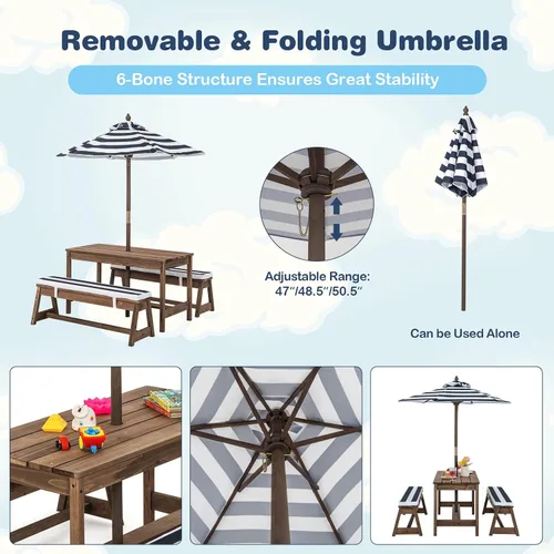 Miniatura 3 de KOTEK Mesa de picnic para niños con paraguas plegable, juego de mesa y banco de madera para patio trasero con cojines extraíbles, mesa de juego
