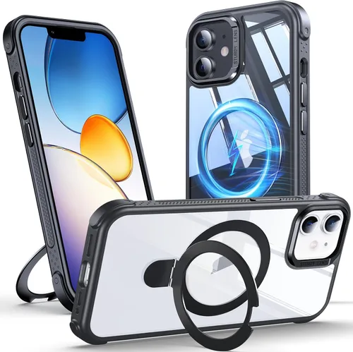 Anqrp Funda transparente con función atril magnética con junta tórica para iPhone 12/12 Pro, compatible con Mag-Safe, de grado militar, reforzada de