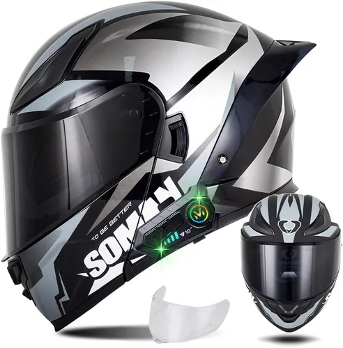 Miniatura 12 de Casco modular de motocicleta con Bluetooth, casco de motocicleta abatible de cara completa para hombres y mujeres con visera tintada y transparente