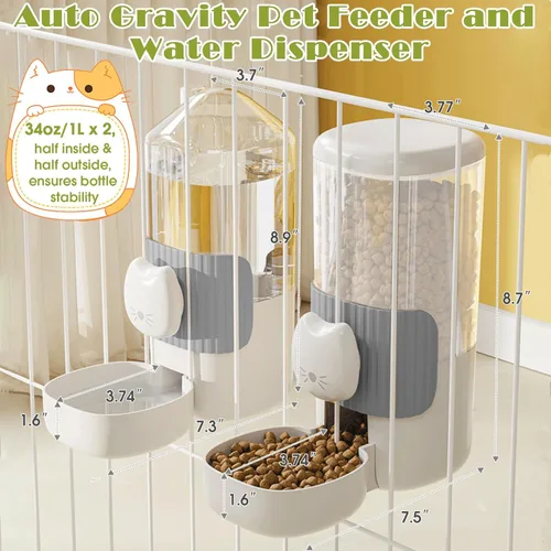 Miniatura 2 de Dispensador automático de alimentos y agua para gatos, 34 onzas, juego de alimentador automático de gravedad para mascotas, comedero para gatos