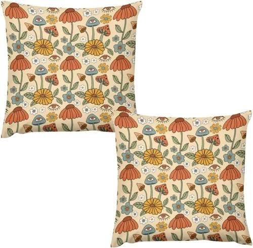 Miniatura 32 de Juego de 2 fundas de almohada florales retro de los años 70, Groovy Funky Hippie Flor Naranja Estética Boho Fundas de Almohada de 16 x 16 pulgadas