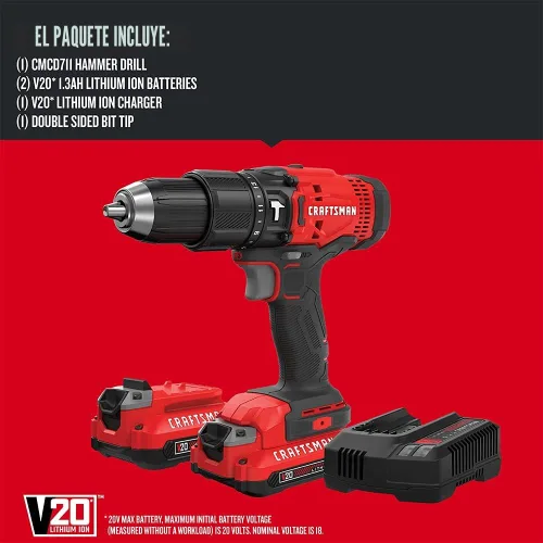 Miniatura 3 de CRAFTSMAN V20 Kit de taladro de martillo inalámbrico, 1/2 pulgada, 2 baterías y cargador incluidos (CMCD711C2)
