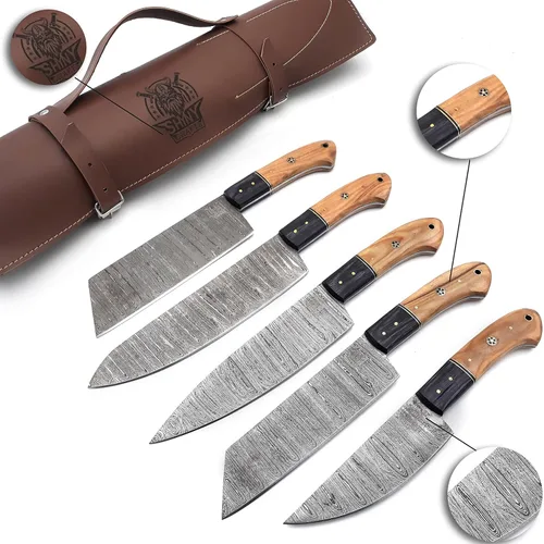 Miniatura 6 de Juego de cuchillos de cocina de acero San Mai hechos a mano personalizados con mango de madera y hoja de acero mezclado, cuchillos de chef con rollo