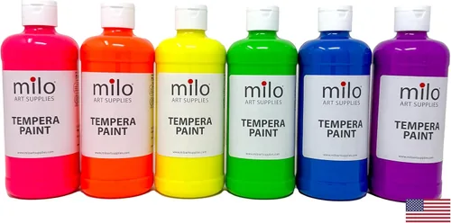 milo Pintura de témpera fluorescente neón lavable, botellas de 16 onzas, 6 colores, fabricada en los Estados Unidos, brilla con luz ultravioleta en
