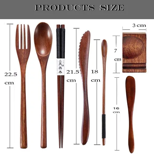 Miniatura 3 de Utensilios de madera reutilizables para comer, 8 piezas de cucharas de madera de viaje, tenedores, palillos, juego de cubiertos con estuche