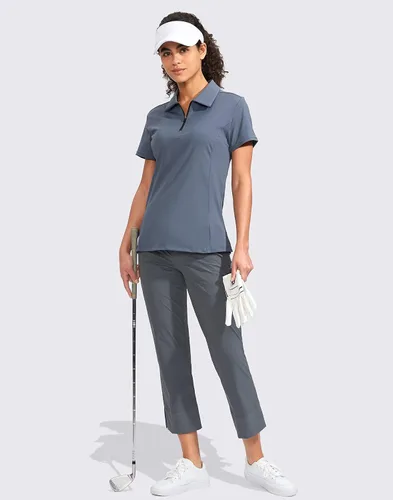 Miniatura 7 de Viodia Camisa de golf para mujer, manga corta, con cremallera, de secado rápido, elástica, con cuello de tenis, ropa de golf