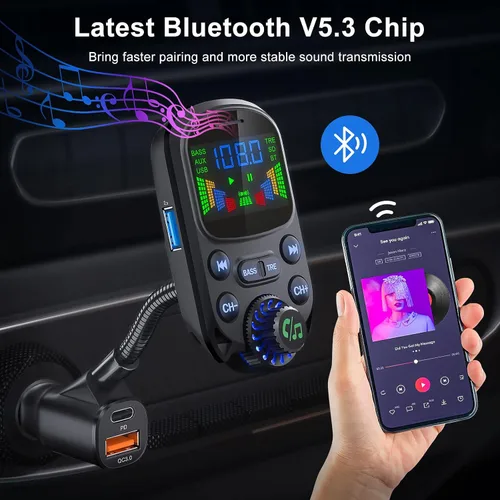 Miniatura 2 de Transmisor FM Bluetooth 5.3 para coche SOARUN Adaptador Bluetooth para automóvil PD30W y puerto USB, carga rápida, reproductor de agudos y graves