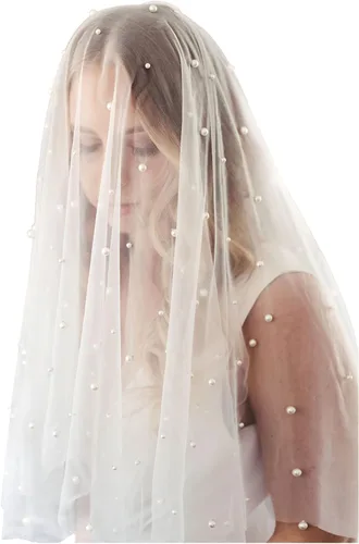 SWEETV Velo de novia de 1 nivel de perla con borde de corte de peine largo capilla