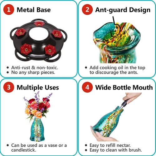 Miniatura 5 de LUJII Comederos para colibríes para exteriores con protector de hormigas, comedero de colibríes de vidrio soplado para colgar en el exterior, 25