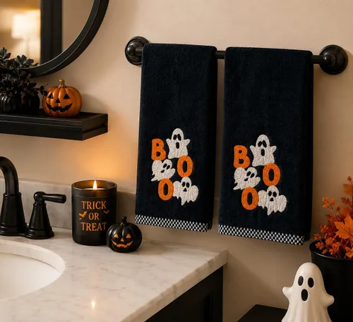 Miniatura 5 de Serafina Home Toallas de mano de baño de Halloween, fantasmas bordados, diseño Boo, juego de 2, color negro, 16 x 25 pulgadas