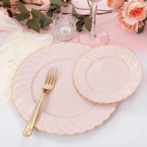 Miniatura 7 de YOUBET 125 platos de plástico rosa con borde dorado, juego de platos de plástico festoneados que incluye 25 cenas, 25 platos de postre, 75 cubiertos
