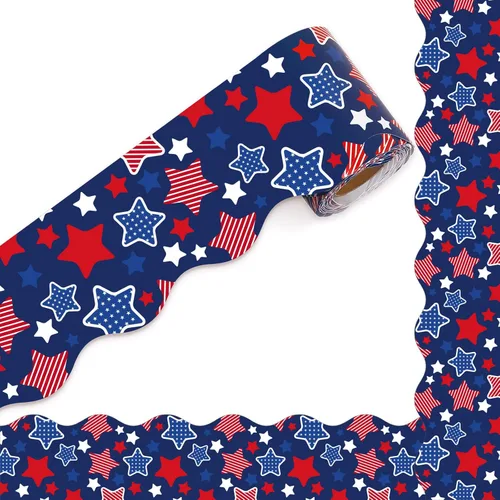Whaline Tablero de anuncios patriótico de 32.8 pies, diseño de estrellas rojas y azules troqueladas, borde para tablero de anuncios con patrón de