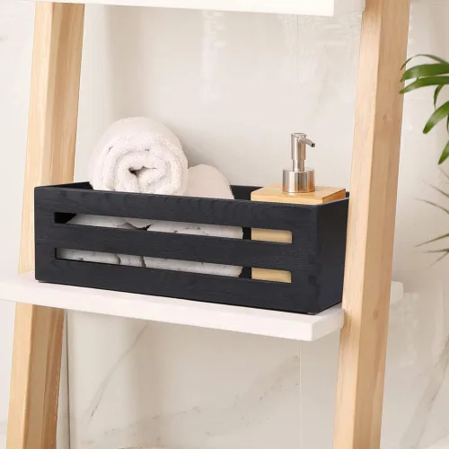Miniatura 8 de LotFancy Caja de decoración de baño, paquete de 2 soportes de madera para papel higiénico, cesta negra para tanque de inodoro, cesta de Negro