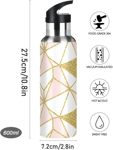 Miniatura 9 de Stainless Steel Vacuum Insulated Water Bottle 20 Oz, Leakproof Water Bottles for Gym Outdoor Travel School, Geometric Gold Triangles