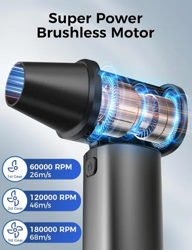 Miniatura 2 de Plumero de aire comprimido – 180000 RPM Super Power plumero de aire eléctrico, soplador de aire inalámbrico recargable ajustable de 3 velocidades