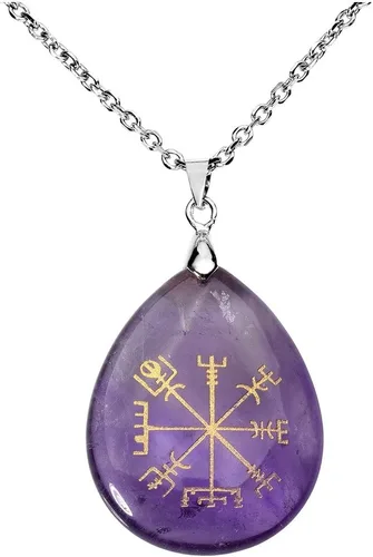 Jovivi Collar chapado en plata con brújula vikinga Vegvisir, piedra curativa, collar de cristal con colgante de chakra de lágrima, 24 pulgadas