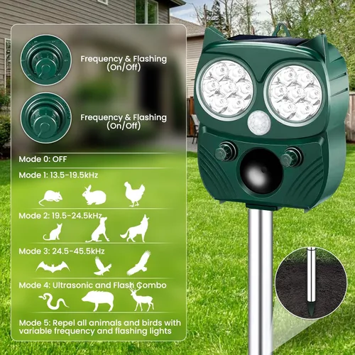 Miniatura 3 de Repelente de gatos al aire libre solar ultrasónico repelente de animales al aire libre dispositivos disuasorios de mapache IP66 impermeable ratón