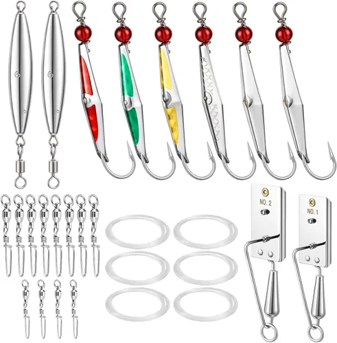 Kit de pesca listo para pescar, kit de pesca con señuelos, plomos de arrastre y cepilladoras para caballa española de pez azul, bonito atún, juego
