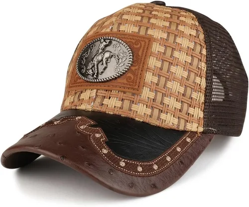 Trendy Apparel tienda paja diseño metálico Rodeo Cowboy caballo Logo de metal camionero de malla gorra de béisbol