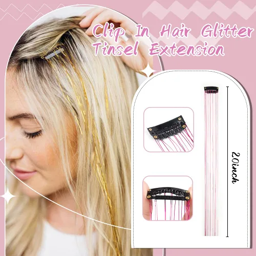 Miniatura 3 de Paquete de 12 extensiones de cabello de oropel con clip, paquete de 12 unidades, 20 pulgadas, extensiones de cabello de oropel con purpurina, negro#