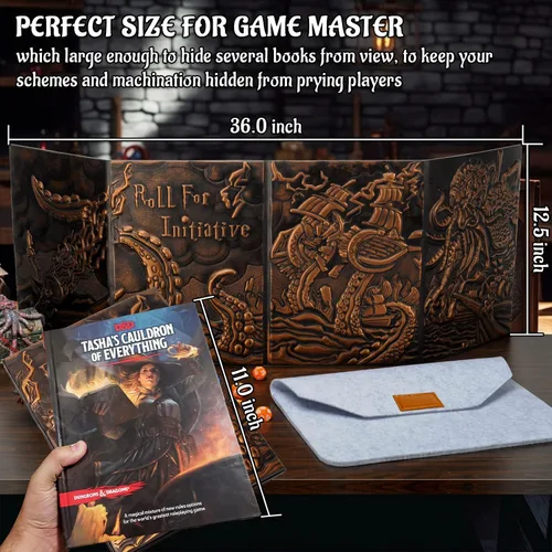 Miniatura 5 de CZYY DND Pantalla de Dungeon Master de Cuatro Paneles con Bolsillos, Cuero Sintético con Relieve 3D con Cthulhu - Incluye Insertos de Pantalla DM