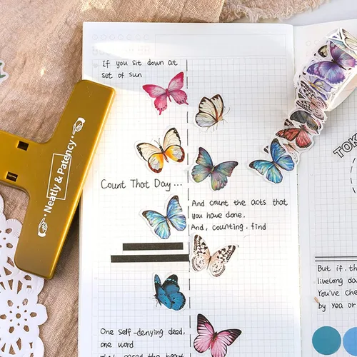 Miniatura 6 de 8 rollos de cinta adhesiva Washi vintage, diseño de pétalos de flores, hojas de helecho, mariposas, hojas de pino, hongos para bricolaje, diario